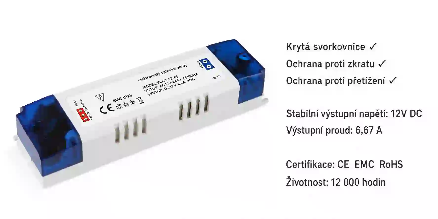 LED napájecí zdroj 12V 80W s stabilním výstupním napětím pro LED osvětlení